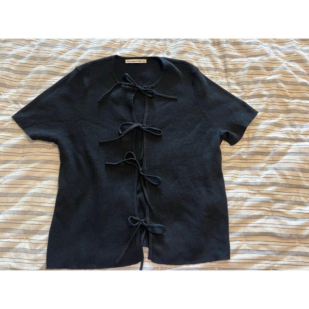 Abercrombie & Fitch Short Sleeve Tie-Front Black Cardigan Women’s Size Large - Picture 8 of 12